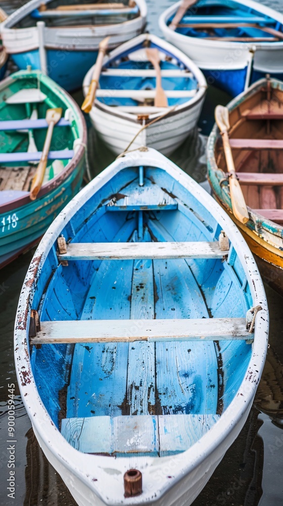 Poster streamlined rowing boats and oars with wave patterns in vibrant blue and green stock photo with copy
