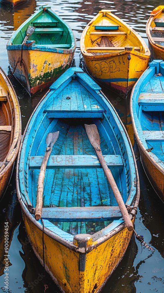 Poster Streamlined rowing boats and oars with wave patterns in vibrant blue and green Stock Photo with copy space