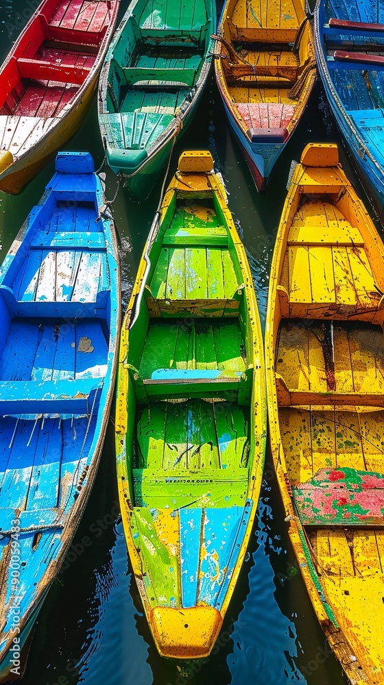 Poster Streamlined rowing boats and oars with wave patterns in vibrant blue and green Stock Photo with copy space