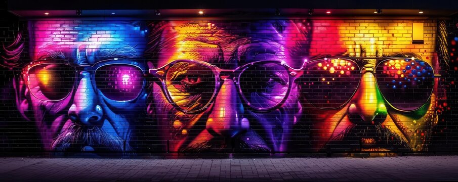 Cultural impact illustrated through a mural of influential figures, Pop Art, Bright colors, Illustration