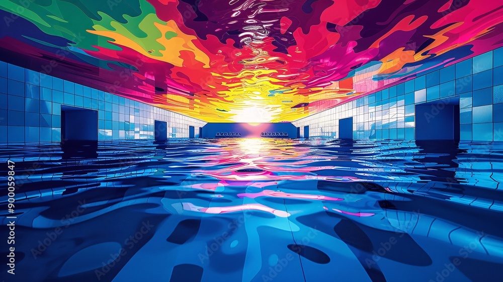 Poster Geometric representation of synchronized swimming pools with fluid wave-like shapes highlighted in bright blue and green tones Stock Photo with copy space