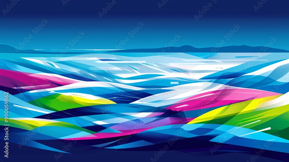 Poster Geometric representation of synchronized swimming pools with fluid wave-like shapes highlighted in bright blue and green tones Stock Photo with copy space