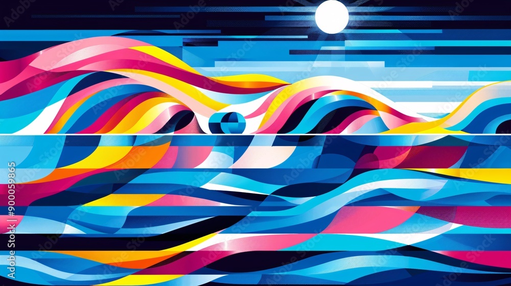 Poster Geometric representation of synchronized swimming pools with fluid wave-like shapes highlighted in bright blue and green tones Stock Photo with copy space