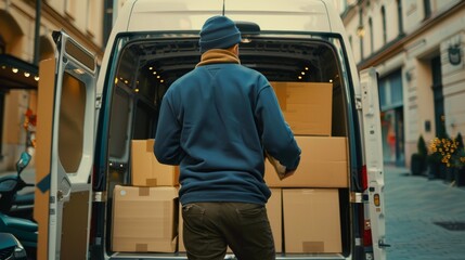 Back view of a delivery driver loading packages into a van