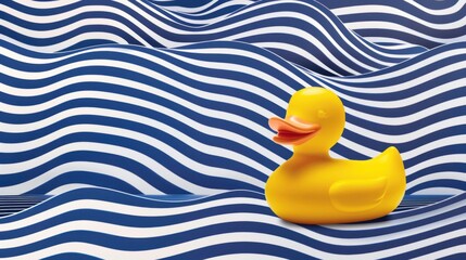 Rubber duck floating in blue and white wavy background in a relaxing travel scene