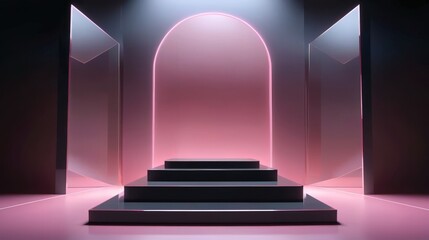 Obraz premium Aestheticism meets 3D render as a pink neon light shines through a glass case with circular illumination