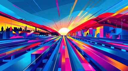 Minimalist illustration of a track and field setup featuring hurdles, javelins, and starting blocks with geometric patterns and vibrant red and purple colors Stock Photo with copy space