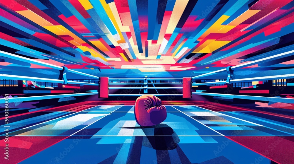 Poster Cubist-style boxing ring with square rings and circular gloves in minimalist red and blue color scheme Stock Photo with copy space