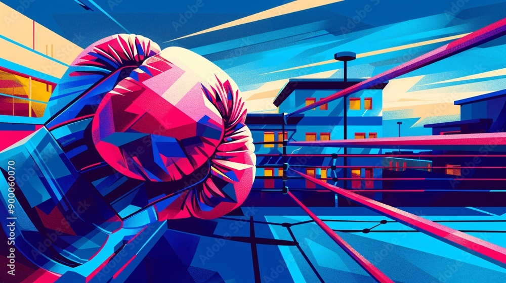 Poster Cubist-style boxing ring with square rings and circular gloves in minimalist red and blue color scheme Stock Photo with copy space