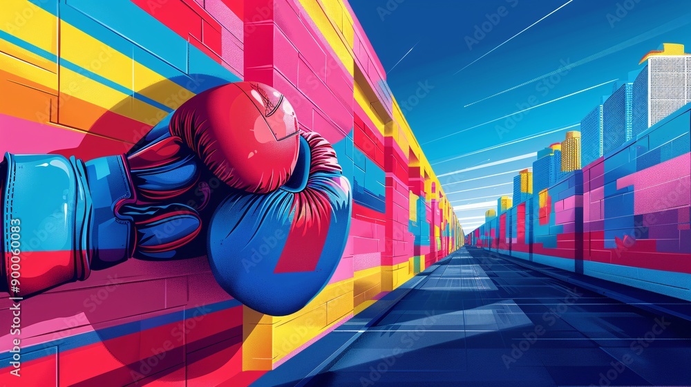Poster Cubist-style boxing ring with square rings and circular gloves in minimalist red and blue color scheme Stock Photo with copy space