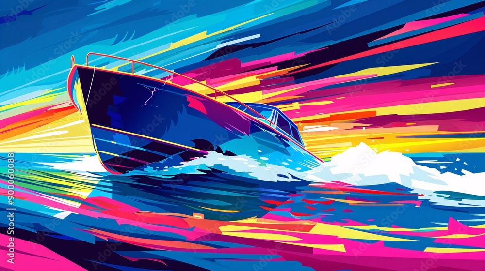 Aufkleber Abstract representation of canoe and kayak on water with sleek boat shapes and wave patterns in bright green and purple tones Stock Photo with copy space
