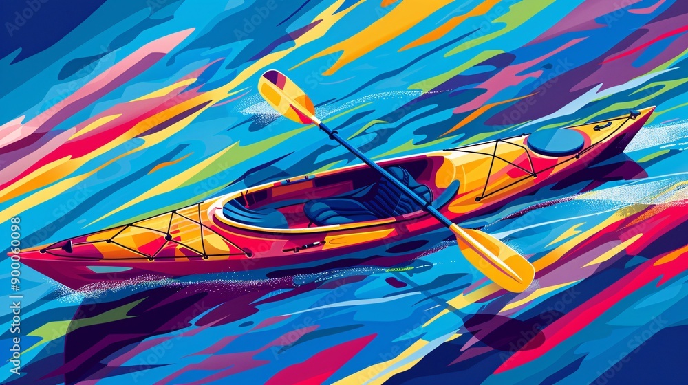 Poster Abstract representation of canoe and kayak on water with sleek boat shapes and wave patterns in bright green and purple tones Stock Photo with copy space