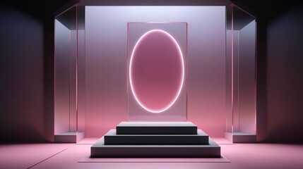 Fototapeta premium A 3D render showcases a pink neon light shining through a glass case with a circular light, aestheticism
