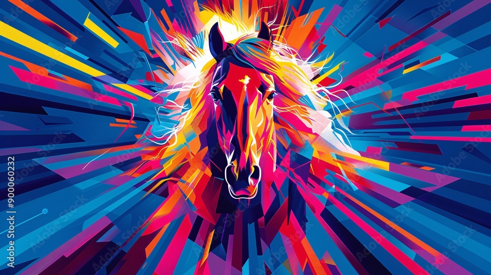 Poster abstract cubist-style illustration of equestrian elements such as horses and jumps using geometric s