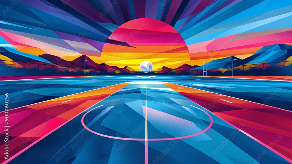 Poster Geometric representation of a football field with simple lines and ball shapes in bright red and blue hues Stock Photo with copy space