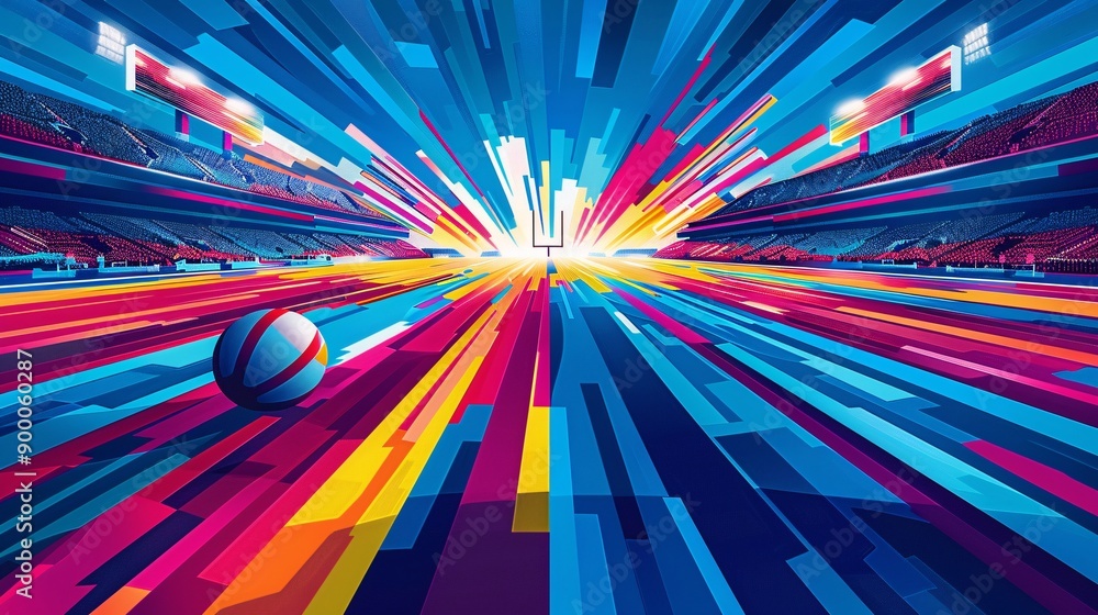 Poster Geometric representation of a football field with simple lines and ball shapes in bright red and blue hues Stock Photo with copy space