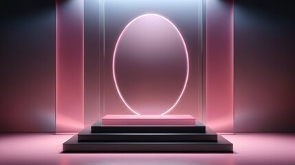 Fototapeta premium A 3D render showcases a pink neon light shining through a glass case with a circular light, aestheticism