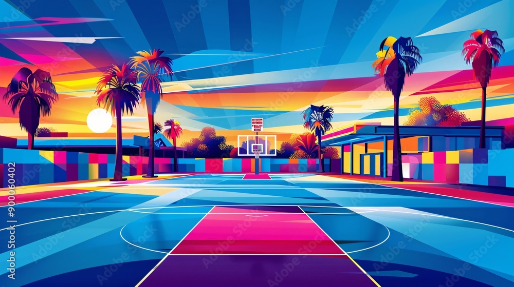 Aufkleber cubist-style handball court with clean lines and circular goal patterns in vibrant blue and red colo