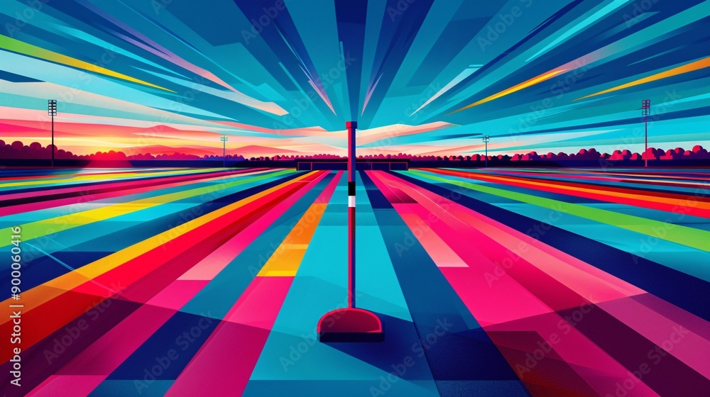 Poster minimalist depiction of a hockey field with straight lines and angular stick shapes in bright red an