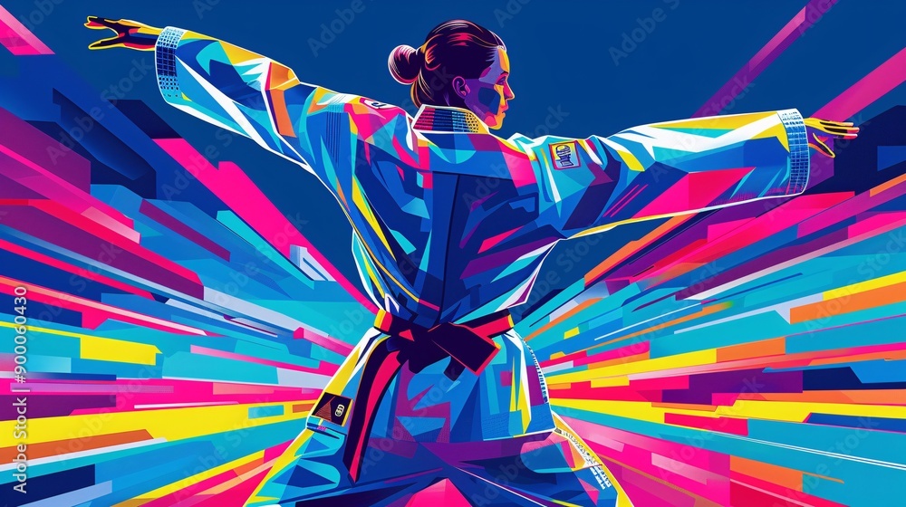 Poster geometric illustration of judo mats with square patterns and circular outfit details in bright blue 
