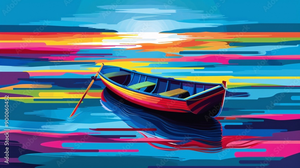 Aufkleber Minimalist representation of a rowing boat with sleek shapes and wave patterns in vibrant green and blue tones Stock Photo with copy space