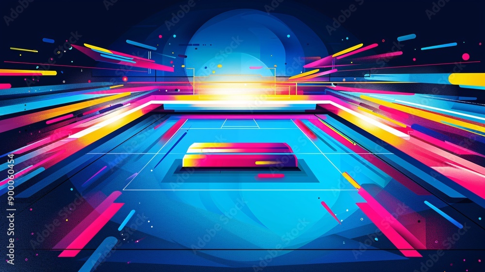 Poster geometric illustration of judo mats with square patterns and circular outfit details in bright blue 