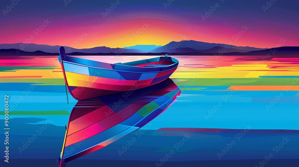 Aufkleber Minimalist representation of a rowing boat with sleek shapes and wave patterns in vibrant green and blue tones Stock Photo with copy space