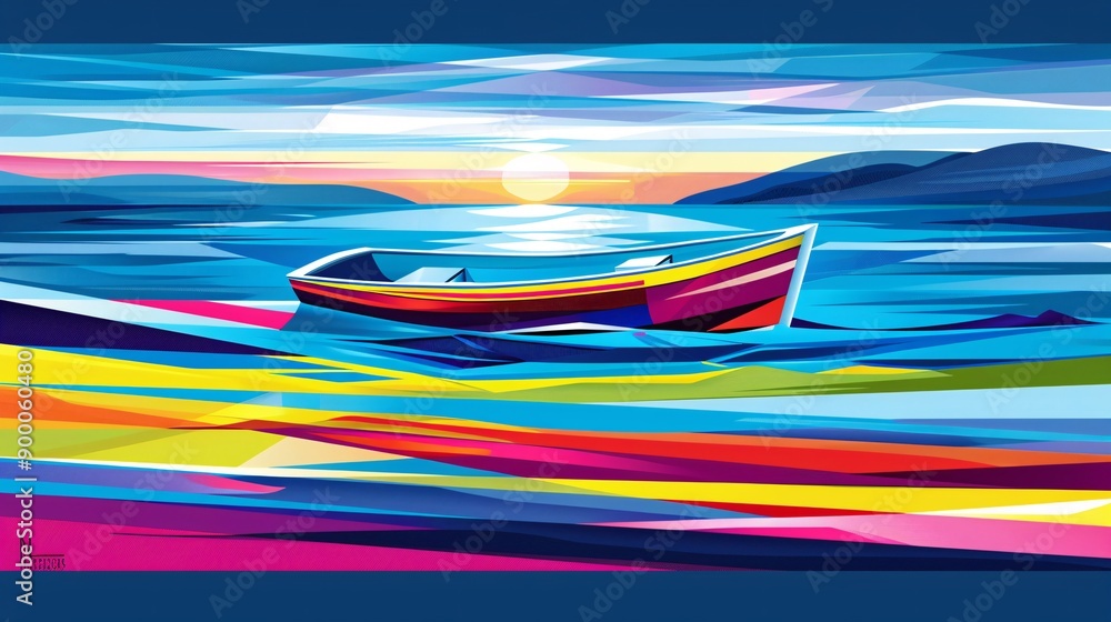 Aufkleber Minimalist representation of a rowing boat with sleek shapes and wave patterns in vibrant green and blue tones Stock Photo with copy space