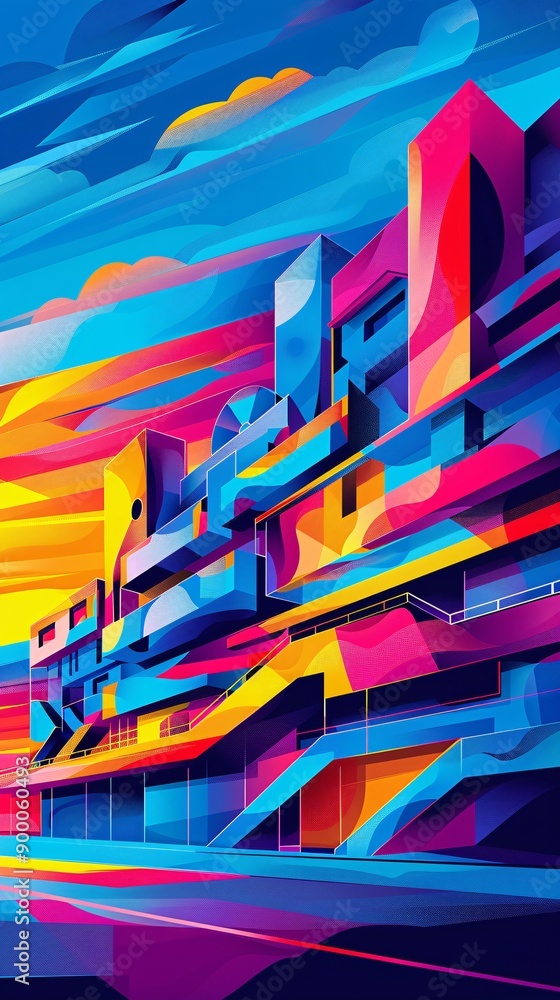 Aufkleber Minimalist geometric illustration of a grand archery field with targets and bows in bright blue and red colors using clean and precise lines Stock Photo with copy space