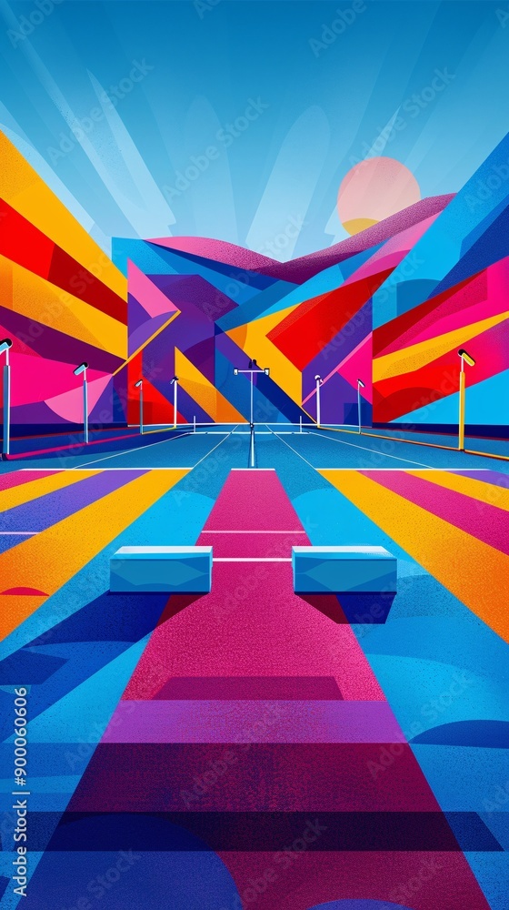 Aufkleber Minimalist depiction of a track and field setup featuring hurdles, javelins, and starting blocks with geometric patterns and vibrant red and purple colors Stock Photo with copy space