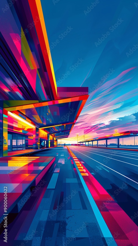 Aufkleber Minimalist depiction of a track and field setup featuring hurdles, javelins, and starting blocks with geometric patterns and vibrant red and purple colors Stock Photo with copy space