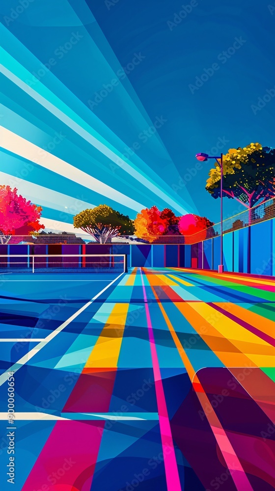 Poster clean geometric illustration of a badminton court with minimalist net and shuttlecock designs highli