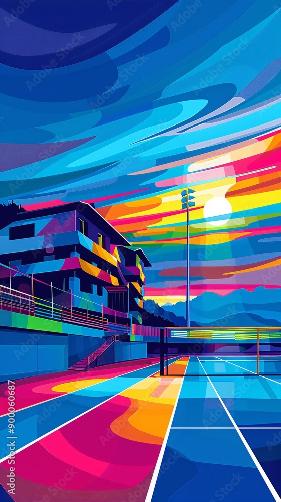 Poster clean geometric illustration of a badminton court with minimalist net and shuttlecock designs highli