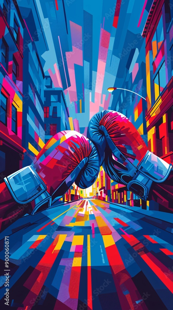 Poster Cubist-style boxing ring with square rings and circular gloves in minimalist red and blue color scheme Stock Photo with copy space