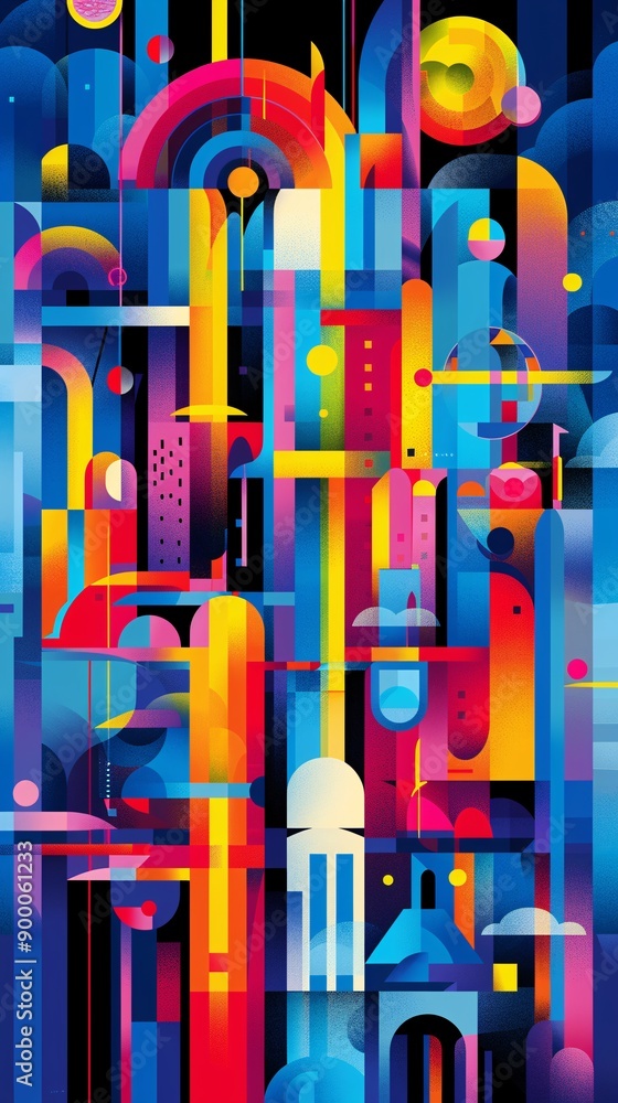 Poster Abstract cubist-style illustration of equestrian elements such as horses and jumps using geometric shapes and warm colors like red and purple Stock Photo with copy space
