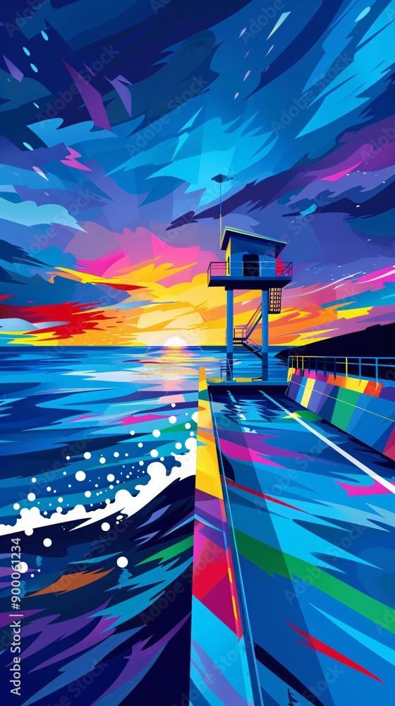 Aufkleber Clean geometric depiction of high diving platforms with splash patterns and vertical lines in vibrant blue and green tones Stock Photo with copy space