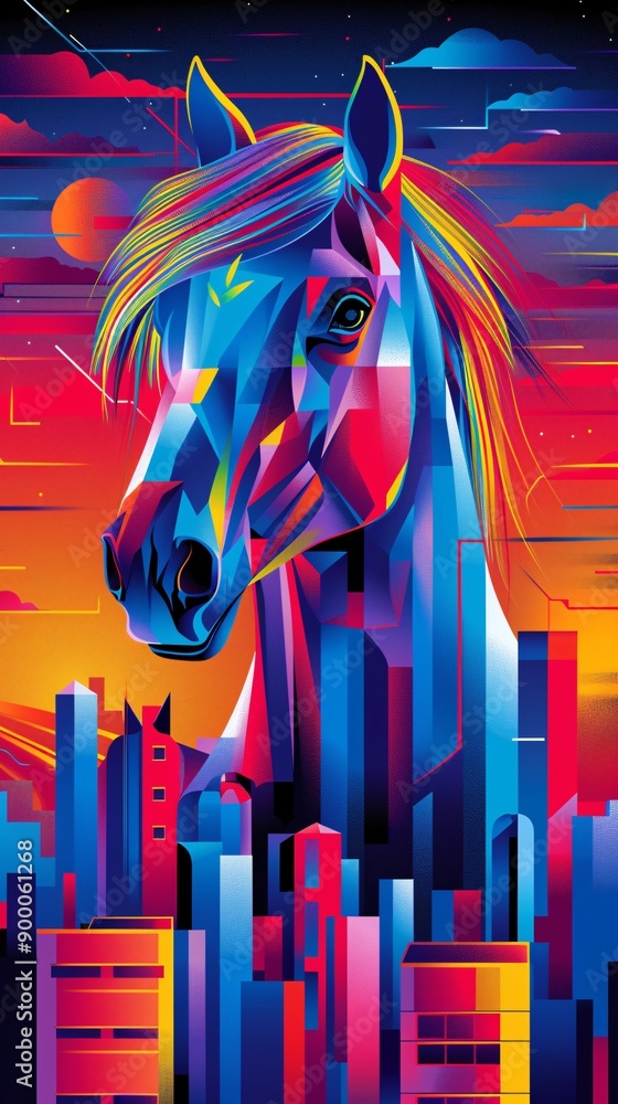 Aufkleber abstract cubist-style illustration of equestrian elements such as horses and jumps using geometric s