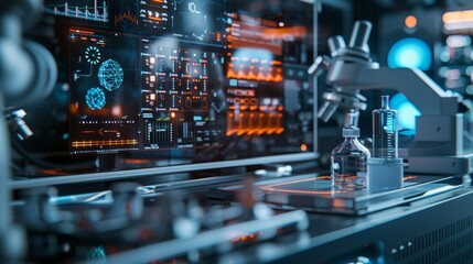 close up view of advanced laboratory equipment with glowing interfaces and holographic displays