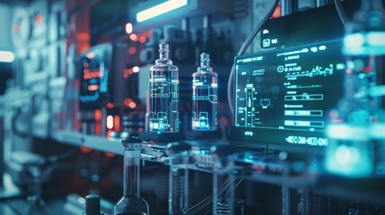 Fototapeta premium close up view of advanced laboratory equipment with glowing interfaces and holographic displays