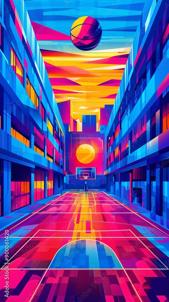 Aufkleber geometric representation of a football field with simple lines and ball shapes in bright red and blu