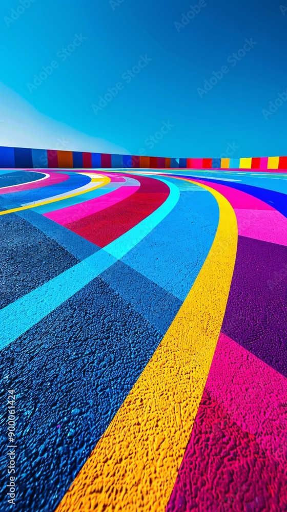 Poster geometric representation of a football field with simple lines and ball shapes in bright red and blu