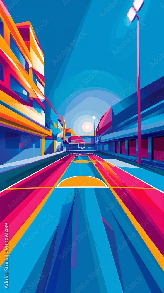 Poster Geometric representation of a football field with simple lines and ball shapes in bright red and blue hues Stock Photo with copy space