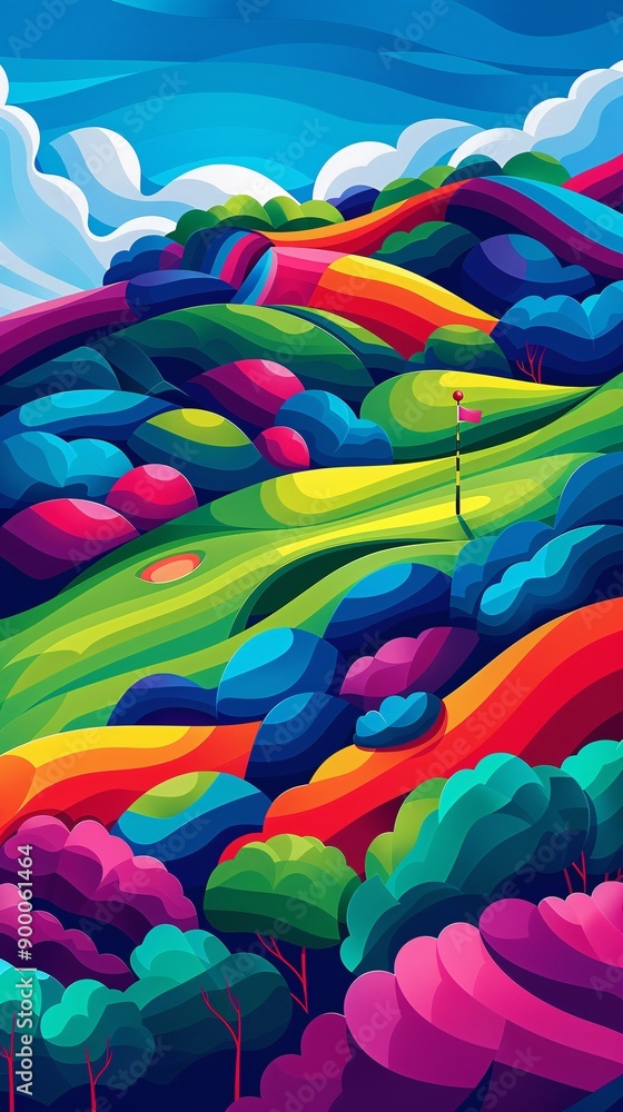 Poster abstract illustration of a golf course with geometric fairway patterns and minimalist club shapes us