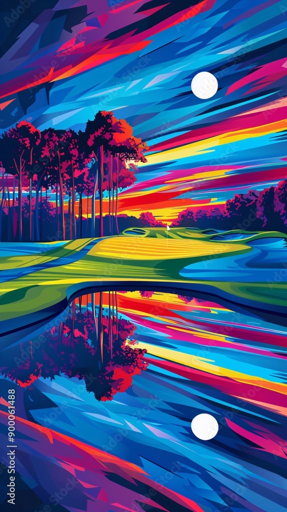 Poster abstract illustration of a golf course with geometric fairway patterns and minimalist club shapes us