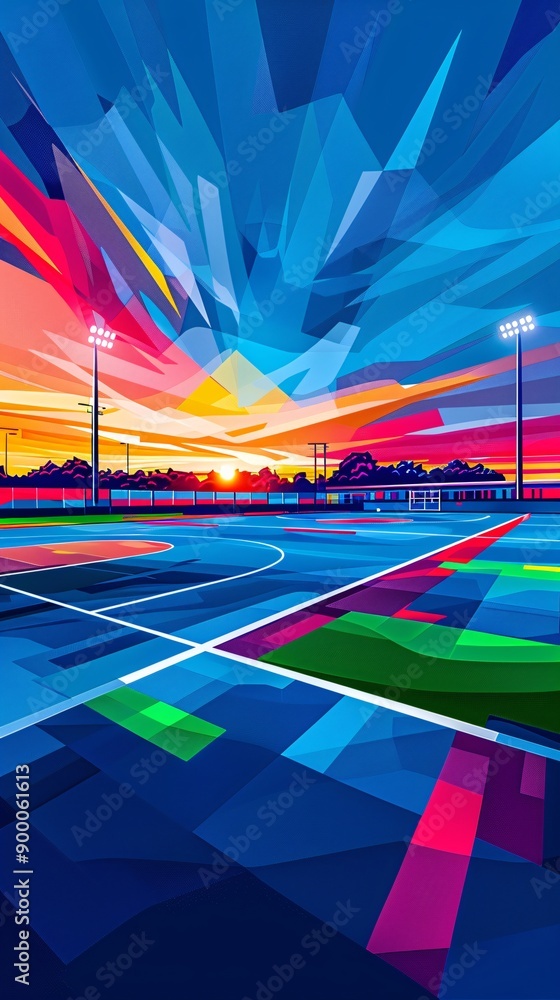 Poster minimalist depiction of a hockey field with straight lines and angular stick shapes in bright red an