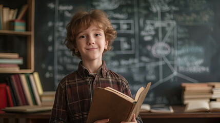A cute schoolboy holding an open book stands in front of the blackboard with mathematical formulas, looking at the camera and smiling. The background is a blurred classroom interior with books on shel