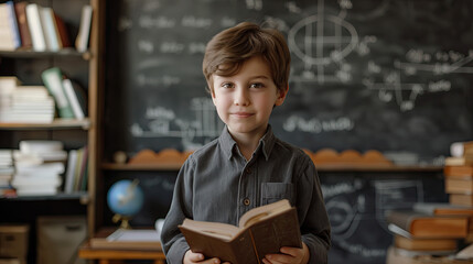 A cute schoolboy holding an open book stands in front of the blackboard with mathematical formulas, looking at the camera and smiling. The background is a blurred classroom interior with books on shel