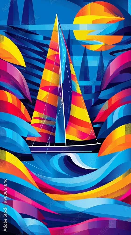 Aufkleber Minimalist representation of a rowing boat with sleek shapes and wave patterns in vibrant green and blue tones Stock Photo with copy space