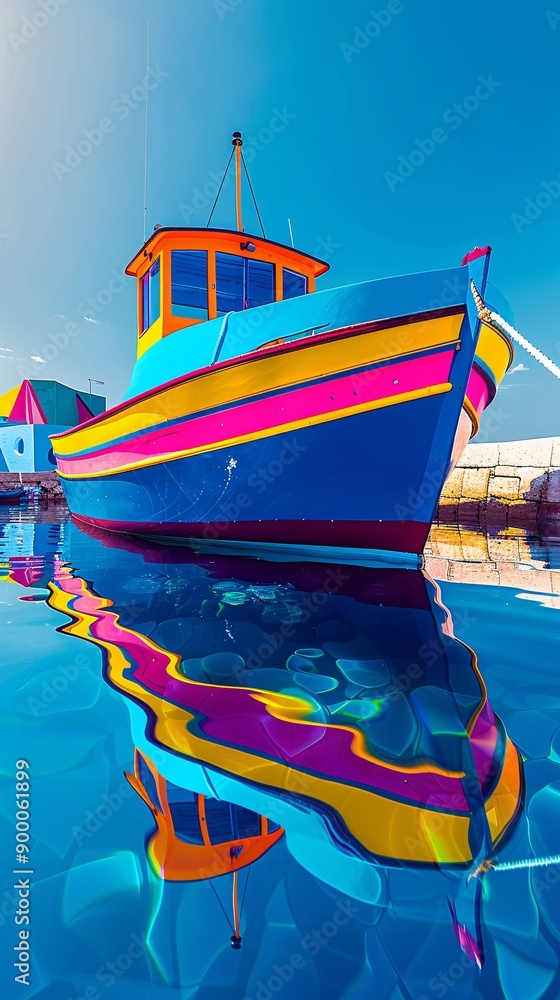 Aufkleber Minimalist representation of a rowing boat with sleek shapes and wave patterns in vibrant green and blue tones Stock Photo with copy space