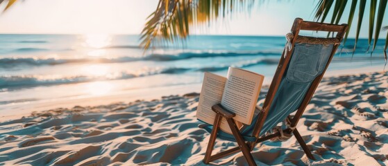 Fototapeta premium Summer relaxation on the beach features reading favorite books with sunlight filtering through swaying palm trees